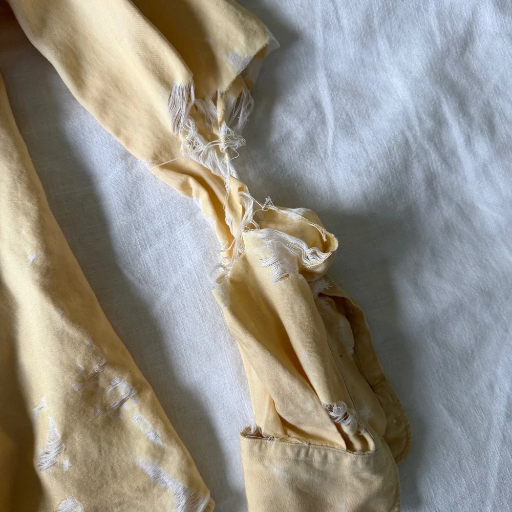 Polo Ralph Lauren Benford Silk Cotton‎ Shirt Yellow Distressed Thrashed Mens L